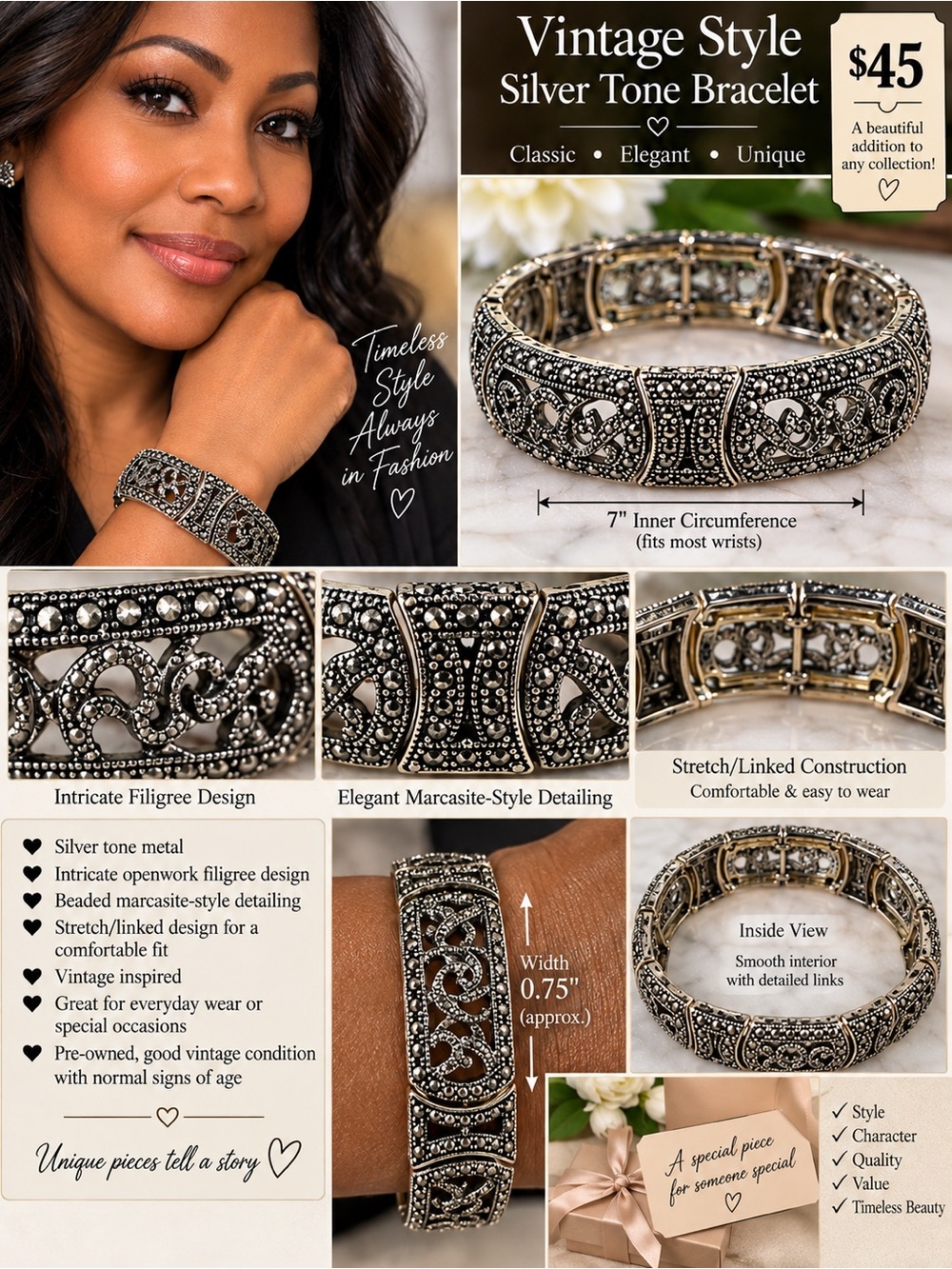 Vintage Style Silver Tone Filigree Bracelet - Classic Elegant Design